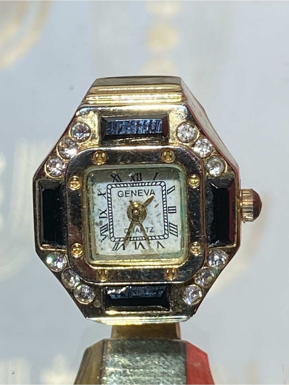 Geneva Gold-Tone Crystal Ring Watch with Black Accents